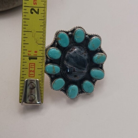 Pietersite Turquoise Cluster Ring Size 7 Statement Wide Hand Stamped Band - Picture 5 of 8